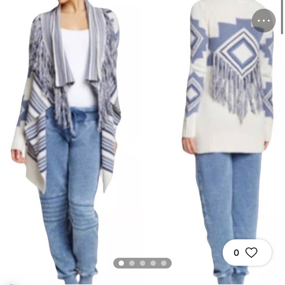 P.J. SALVAGE cream & blue southwest tribal fringe open cardigan